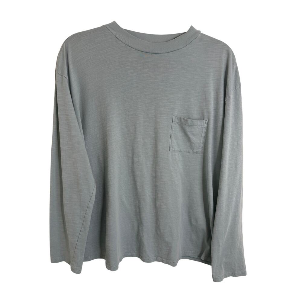 Garnet Hill Slate Green 100% Organic Pima Cotton Long Sleeve Pocket Tee L